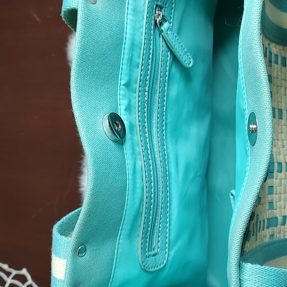Vintage Tommy Hilfiger Straw & Cloth Handbag Turquoise Blue and Soft Tan - Picture 9 of 16